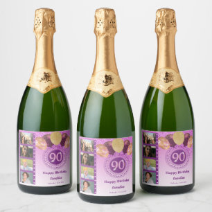 Photos, 90th Birthday Pink Glitter Champagne Sparkling Wine Label