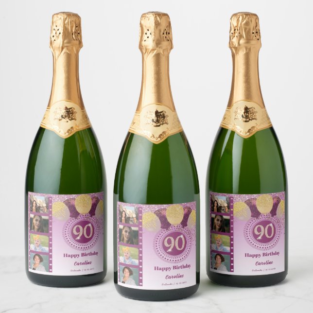 Photos, 90th Birthday Rose Gold Glitter Champagne Sparkling Wine Label (Bottles)