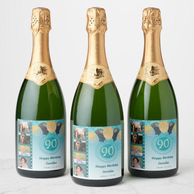 Photos, 90th Birthday Teal Blue Glitter Champagne Sparkling Wine Label (Bottles)