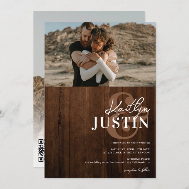Photos bold names calligraphy rustic wood wedding invitation (Front/Back)