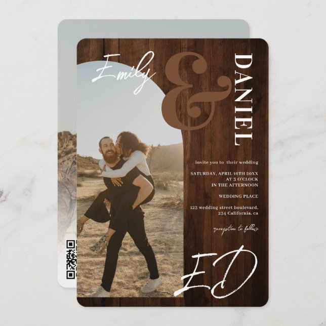 Photos bold names script arch brown wood wedding invitation (Front/Back)