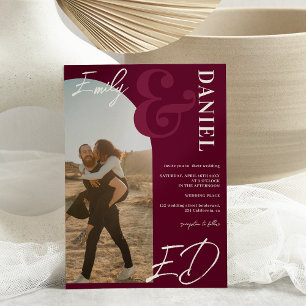 Photos bold names script arch burgundy wedding invitation