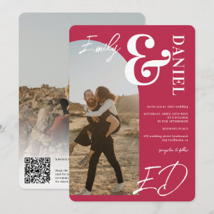 Photos bold names script arch magenta wedding invitation