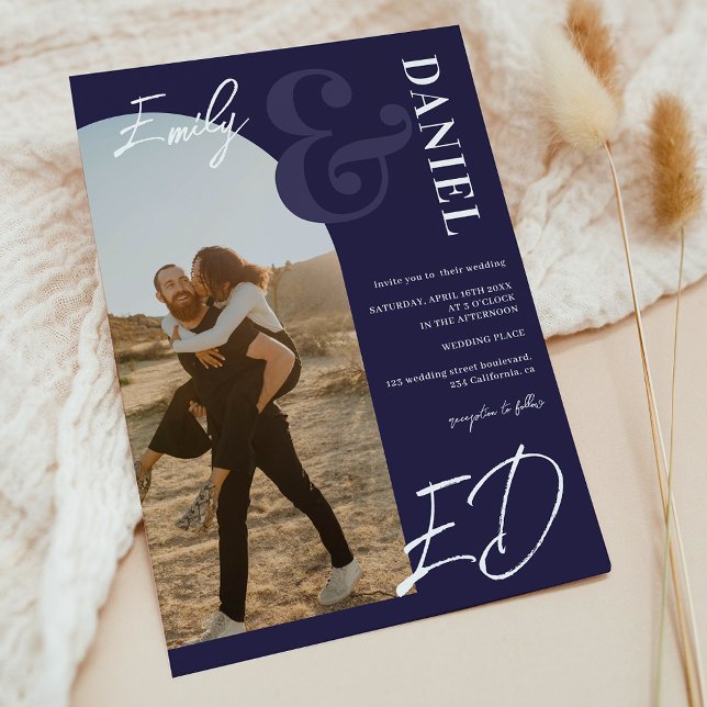 Photos bold names script arch navy blue wedding invitation (Photos bold names script arch navy blue wedding invitation)