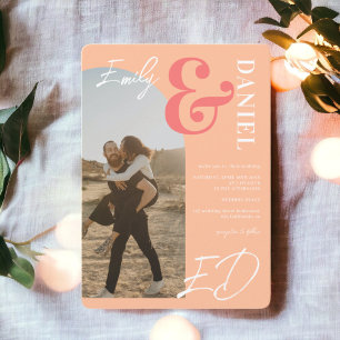 Photos bold names script arch peach salmon wedding invitation