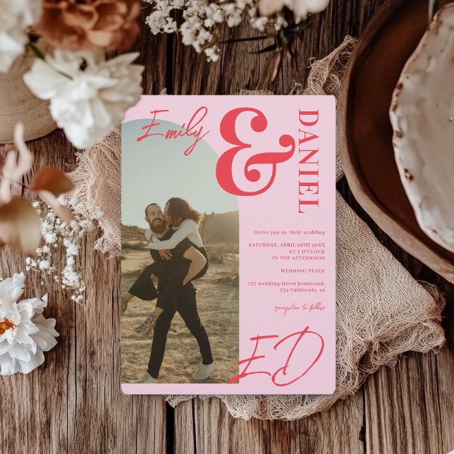Photos bold names script arch retro pink wedding invitation (Photos bold names script arch retro pink wedding invitation)
