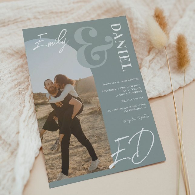 Photos bold names script arch sage green wedding invitation (Photos bold names script arch sage green wedding invitation)