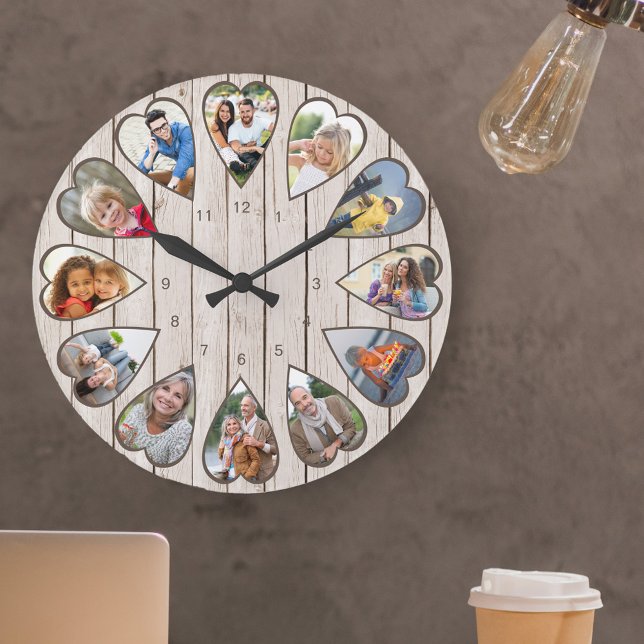 Photos en forme de coeur Bois clair Grande horloge (Photo clock with 12 heart shaped photos. Unusual design for your home and a thoughtful photo gift.)