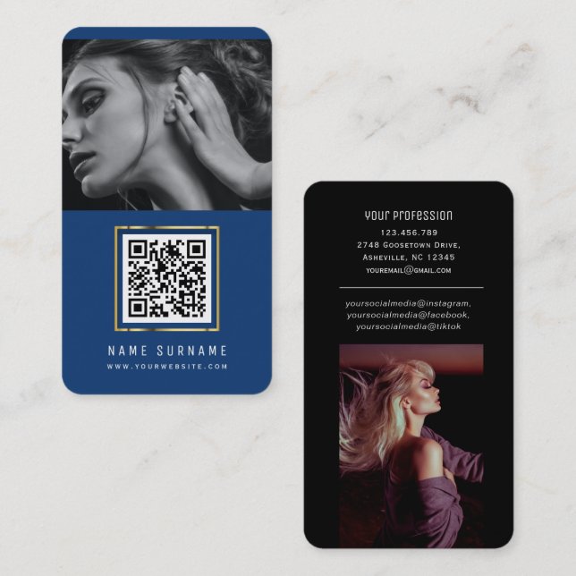 photos qr code scannable barcode modern blue busin business card (Front/Back)