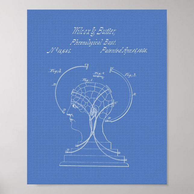Phrenological Bust 1856 Patent Art Blueprint Poster (Front)