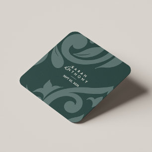 Phthalo Green Classic Script Damask Wedding Square Paper Coaster