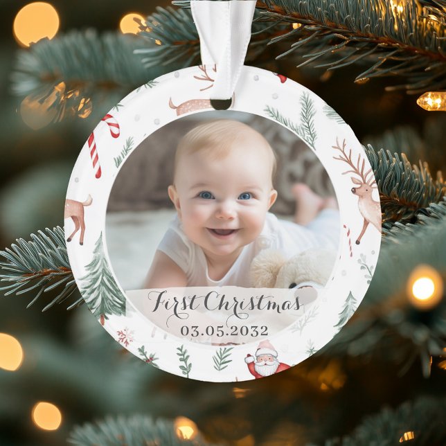Phto First Christmas Script Classic Rustic Pattern Ornament (Creator Uploaded)