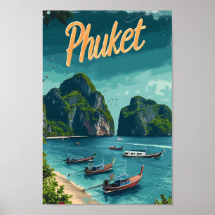 Phuket Thailand Vintage Art Travel Illustration Poster