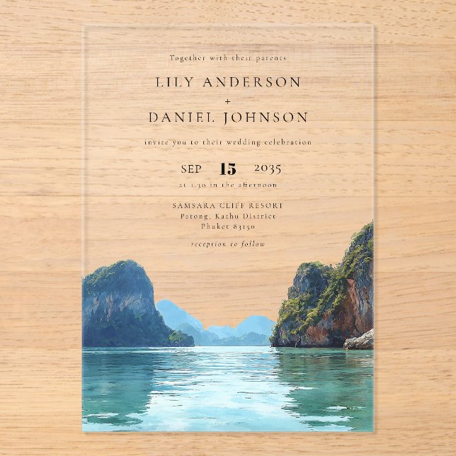 Phuket Thailand Watercolor Destination Wedding Acrylic Invitations (Front)