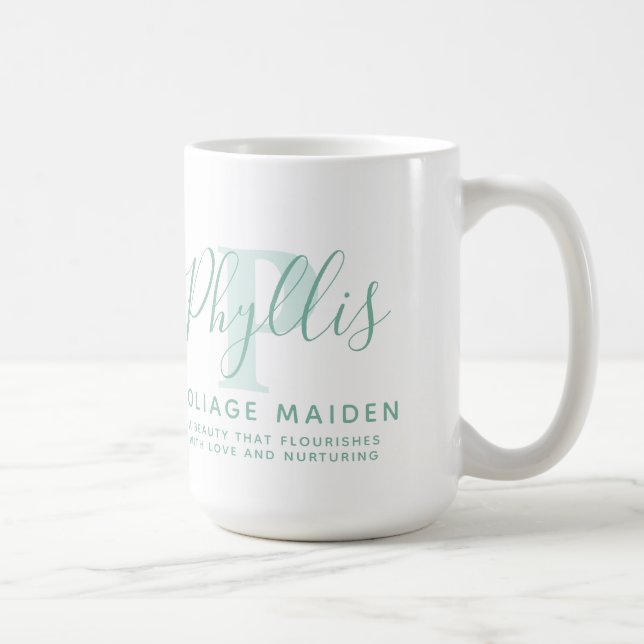 Phyllis name meaning and P monogram green text Coffee Mug (Right)