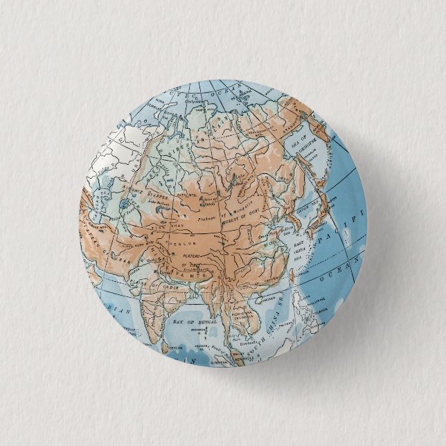 Physical Map of Asia (1916) 1 Inch Round Button (Front)