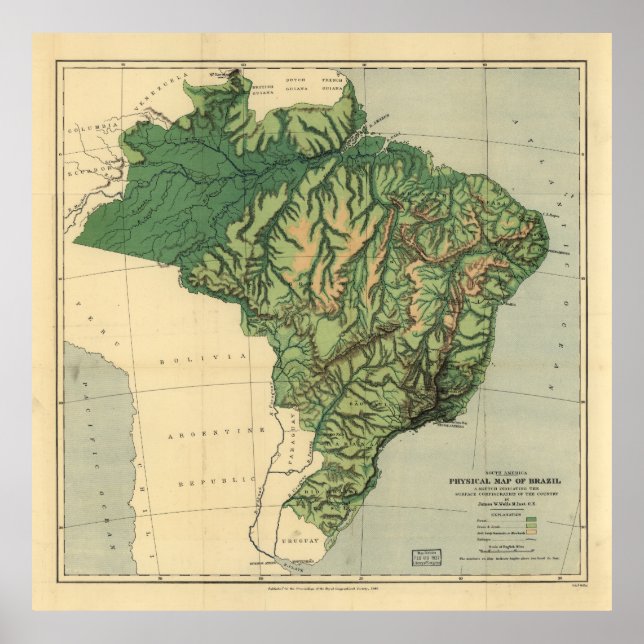 Physical Map of Brazil (1886) Poster (Front)
