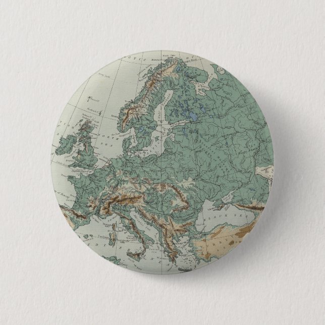 Physical Map of Europe 2 Inch Round Button (Front)