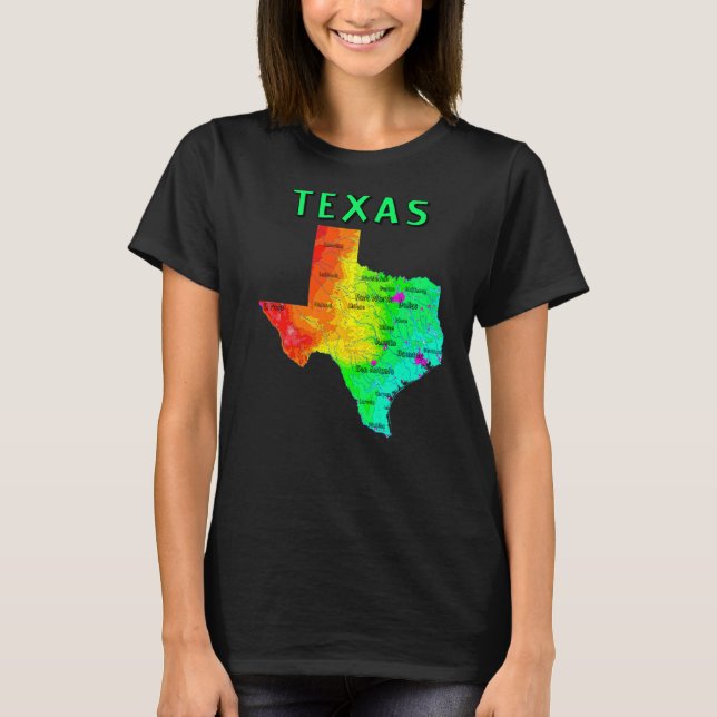 Physical Map Of Texas Major Cities Lakes Rivers Us T-Shirt (Front)