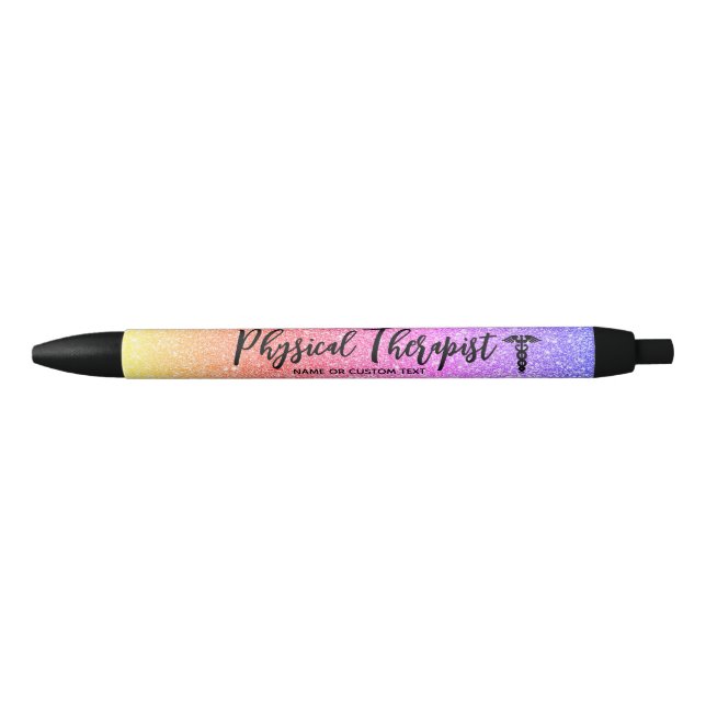 Physical Therapist Rainbow Glitter Personalized Black Ink Pen (Front)