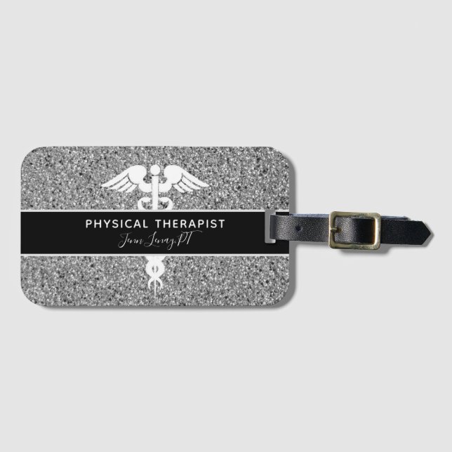 Physical Therapist Silver Black Glitter Name Luggage Tag (Front Horizontal)