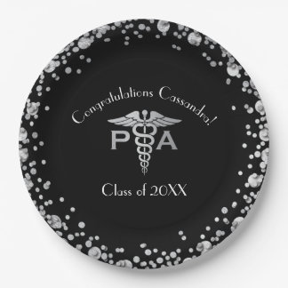 Physician Assistant PA Graduation Black Silver Paper Plate
