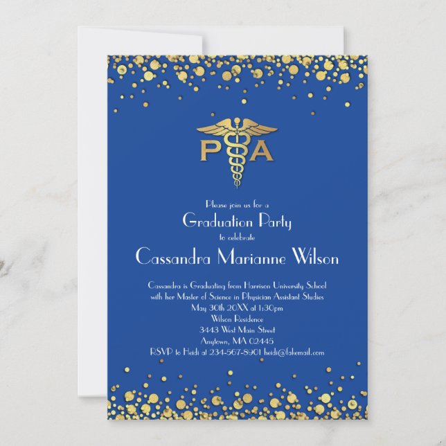 Physician Assistant PA Graduation Blue Gold Invitation (Front)