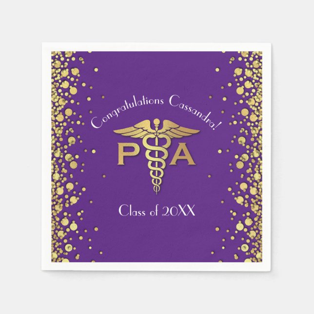 Physician Assistant PA Graduation Purple Gold Napkin (Front)