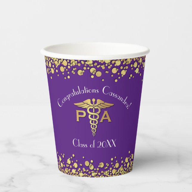 Physician Assistant PA Graduation Purple Gold Paper Cups (Front)