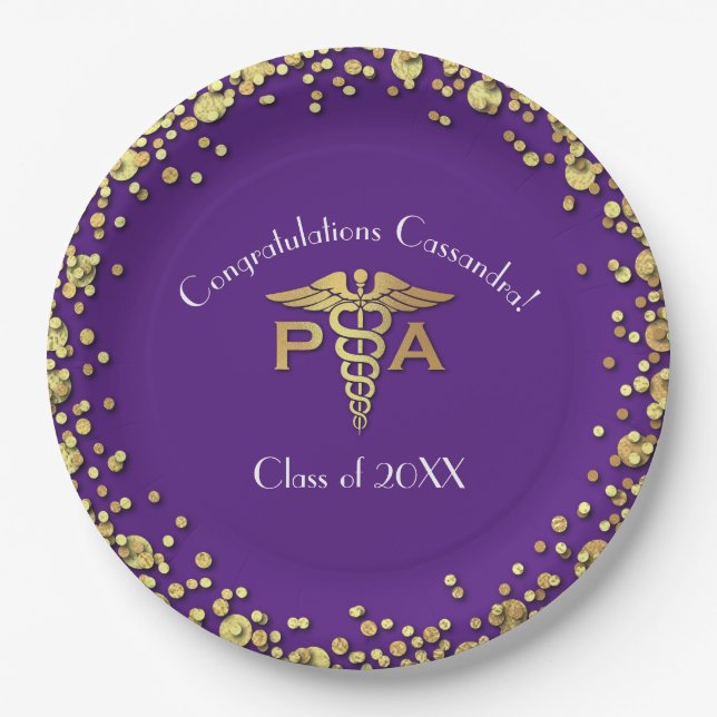 Physician Assistant PA Graduation Purple Gold Paper Plate (Front)