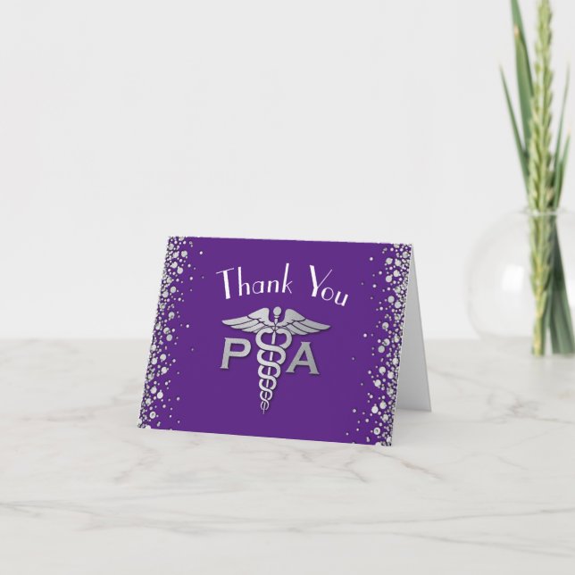 Physician Assistant PA Graduation Purple Silver Thank You Card (Front)