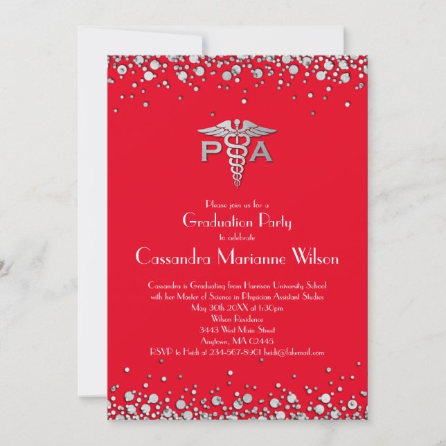 Physician Assistant PA Graduation Red Silver Invitation (Front)