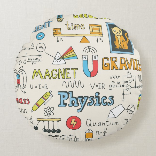 Physics concepts, hand-drawn vintage style. round pillow (Front)