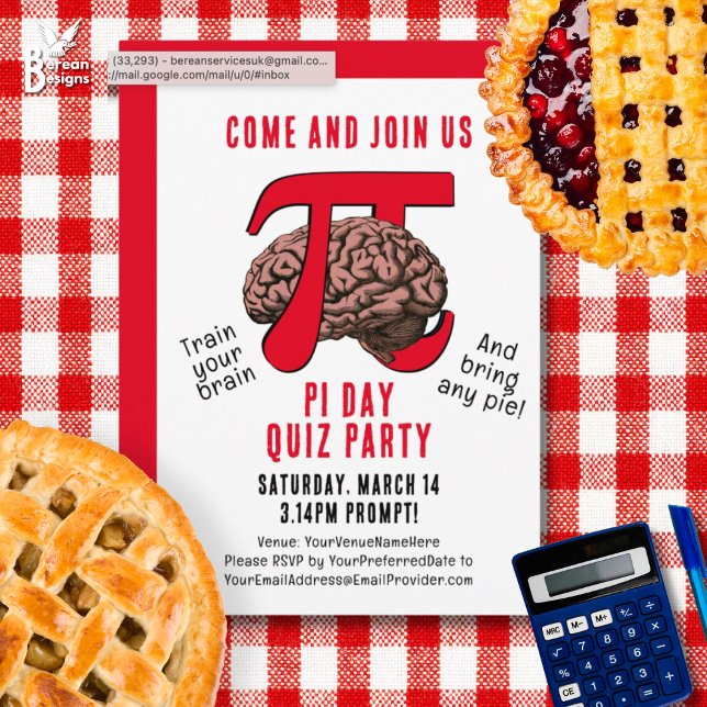 PI DAY Memorization Party Invitation (Fun PI DAY QUIZ PARTY Invitation to celebrate March 14. Ideal for math quizzes and pie lovers too.)