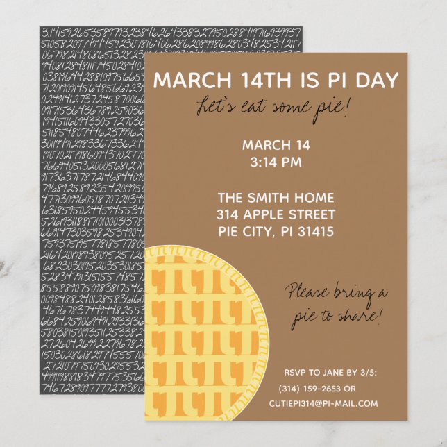 Pi Day Party Invitation w/ Pi Digits on Back! (Front/Back)