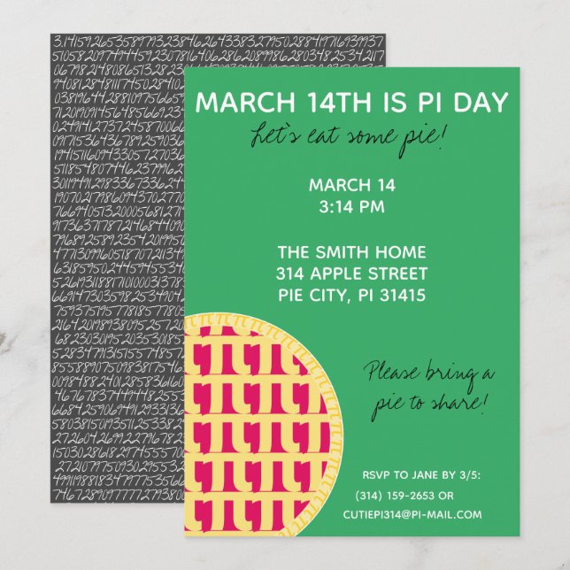 Pi Day Party Invitation w/ Pi Digits on Back! (Front/Back)