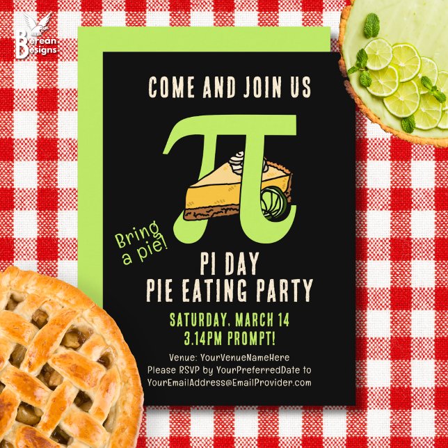 PI DAY Pie Eating Party Invitation (Fun PI DAY PIE EATING PARTY invitation with customizable text. Ideal of math fans and pie lovers.)