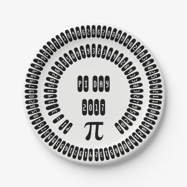 pi Digits Math pi= 3.14159 pi Day 2017 black white Paper Plate (Front)