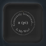 Pi, The Irrational Mathematical Constant Fun Paper Plate<br><div class="desc">This black and white art piece, designed digitally, is released in commemoration of Pi Day, which is observed each year on March 14. The date 3.14 corresponds to the rounded value of π (pi), a well-recognized mathematical constant. The design features the value of the Pi constant to the first 100...</div>