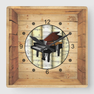 Piano ~ 3 Dimensional ~ Folk Art Box ~ Square Wall Clock