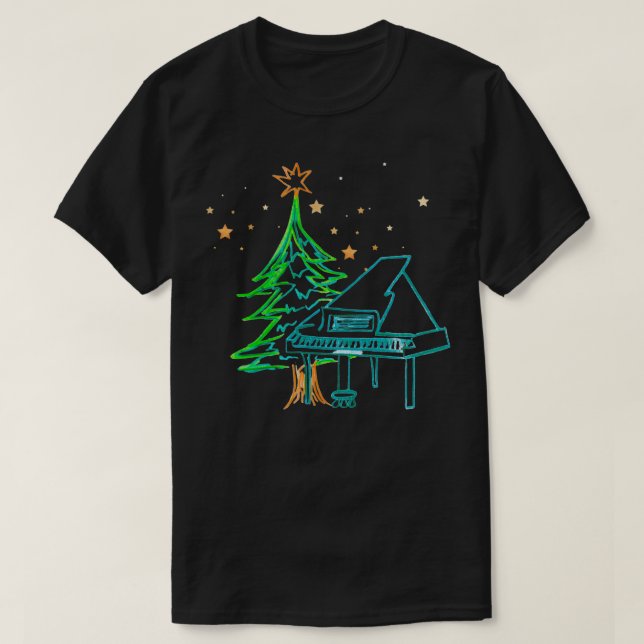 Piano and Christmas Tree with Stars  T-Shirt (Design Front)