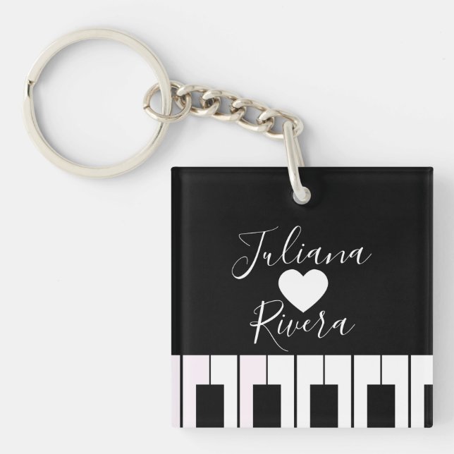 Piano and Heart Script Name   Keychain (Front)