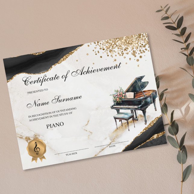 Piano Certificate Music School Recital Achievement (piano recital certificate with watercolor piano and flower bouquet)