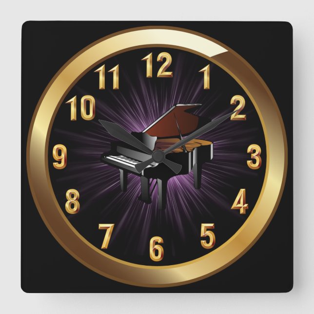Piano ~ Classy Black Gold & Purple Glow Background Square Wall Clock (Front)