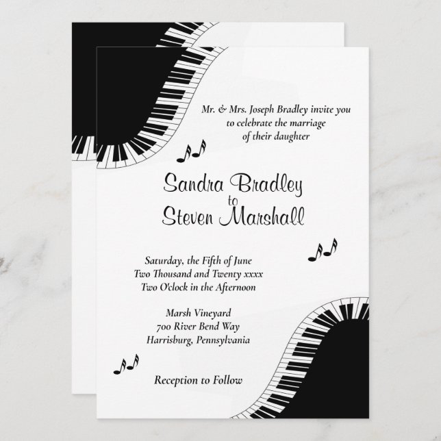 Piano Clavier Musique Mariage Thème Invitation (Devant / Derrière)