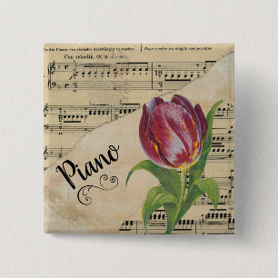 Piano Elegant Tulip Vintage Sheet Music 2 Inch Square Button