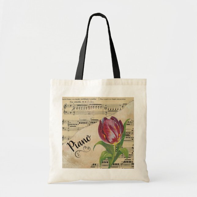 Piano Elegant Tulip Vintage Sheet Music Tote Bag (Front)