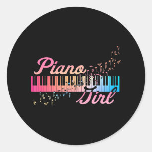 Piano Girl Colorful Keyboard Musical Notes Cute Classic Round Sticker