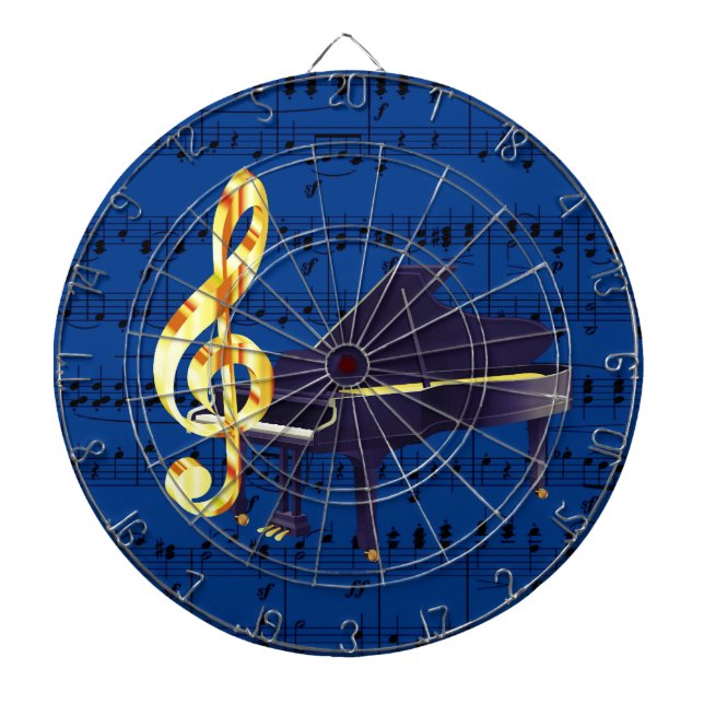 Piano & Gold Treble Clef Royal Blue Sheet Music Dartboard (Front)