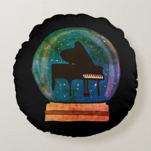 Piano in a Snow Globe Round Pillow